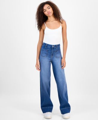 Juniors' High-Rise Wide-Leg Patch-Pocket Jeans 
