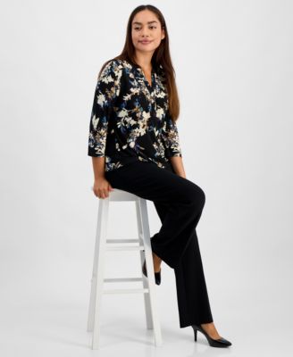 Petite Henley-Neck Floral-Print Top