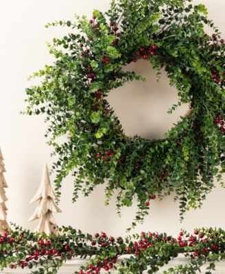 28" Polyethylene Christmas Dripping Eucalyptus Wreath with Berries