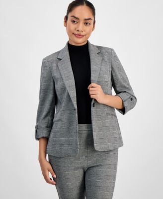 AK Anne Klein - Women's Plaid Jacquard Notch-Collar 3/4-Sleeve Jacket