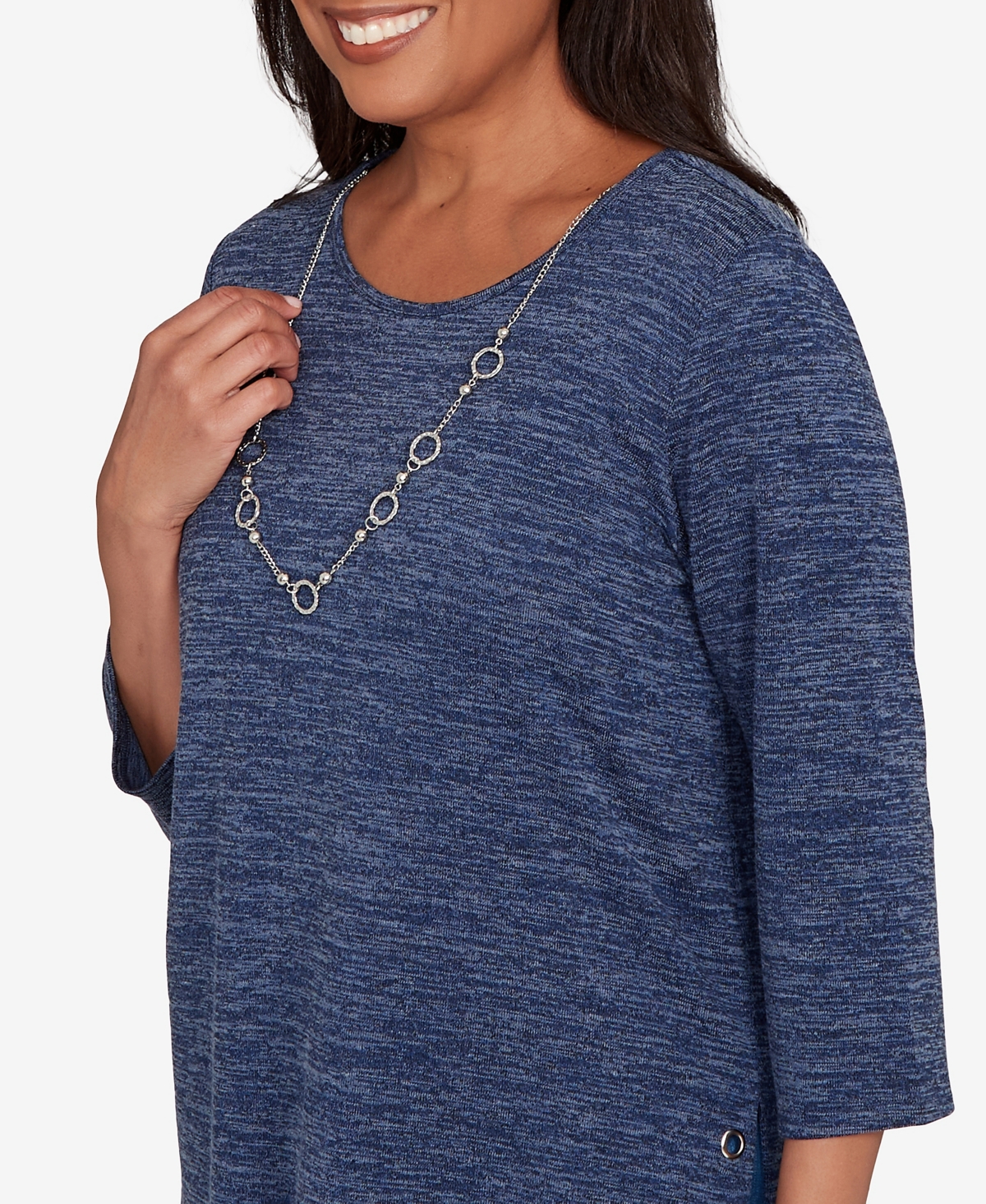 Alfred Dunner Petite Melange Side Button Top With Necklace In Blue
