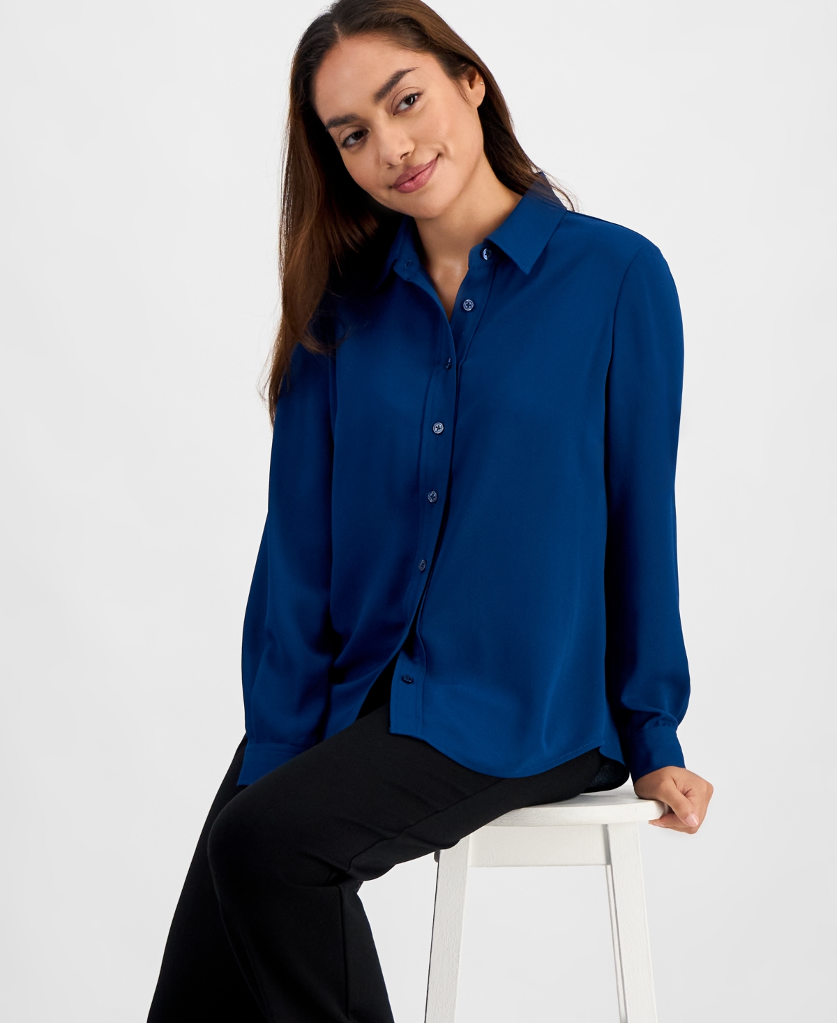 Ak Anne Klein Petite Long-sleeve Button-front Shirt In Blue