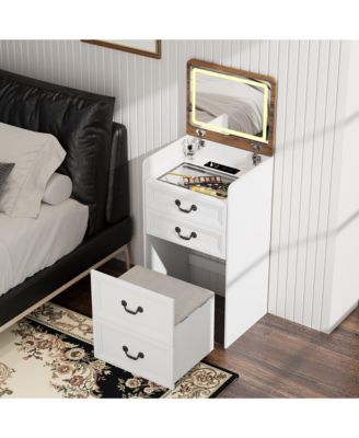 Flip-top vanity desk with mirror and stool.