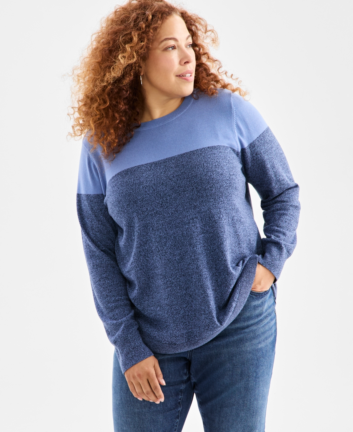 Style & Co Plus Cotton Color-Block Crewneck Sweater, Macy's Exclusive