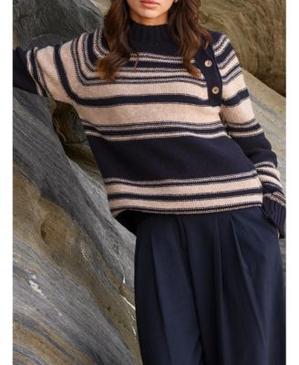 Women's Pure Wool Stripe Button Neck Sweater