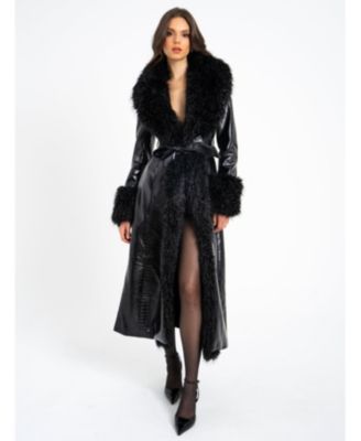 Women's Zella Black Fur Trim Faux Croc Leather Coat