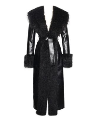 Women's Zella Black Fur Trim Faux Croc Leather Coat