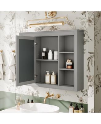 35" x 27.5" Bathroom Mirror Cabinet with 6 Open Shelves, Wall Mounted Medicine Cabinet (No Vanity)