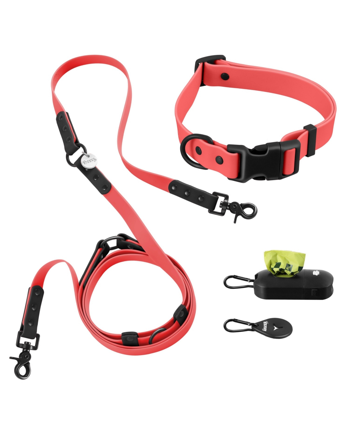 The Licker Store, Luna 8FT Adjustable 6-in-1 Waterproof Hands-Free Leash and Collar with Led Flashlight, Bag Dispenser, and Poop Bag Holder - Gray/bla