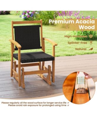 Patio Rattan Glider Chair with Acacia Wood Frame and Wicker Seat Back Armrests