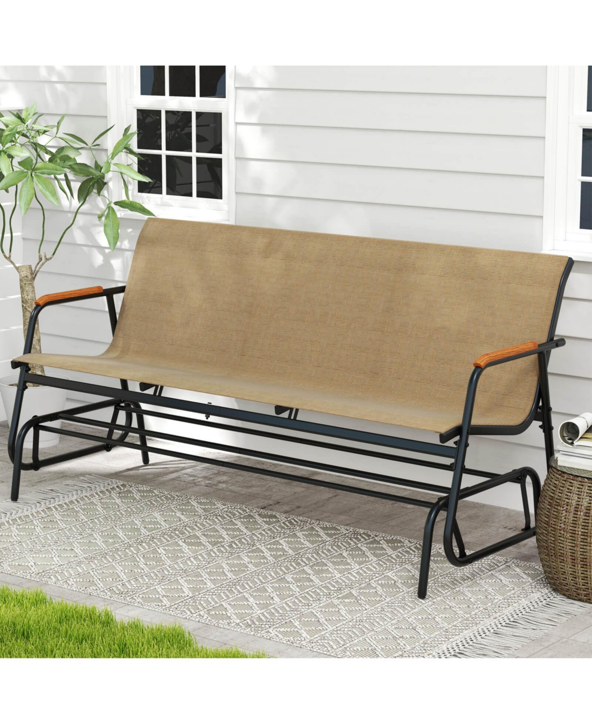 Costway Patio Glider Bench for 3 Swing Gliding Loveseat with Curved Teak Armrests for Porch