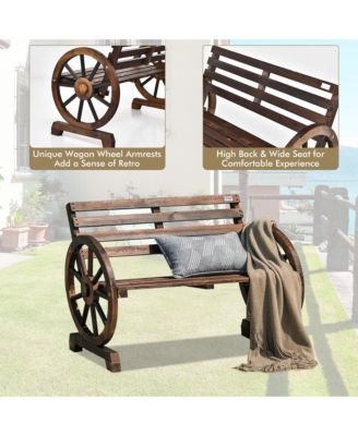 Patio Wagon Wheel Bench Outdoor Garden Wooden Rustic Bench w/ Slatted Design