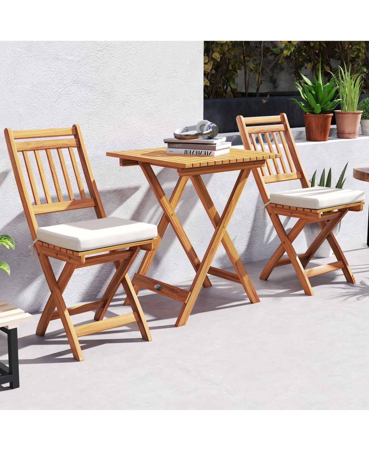 Slickblue 3-Piece Outdoor Wooden Bistro Set with Cushioned Chairs and Matching Table for Patio or Garden
