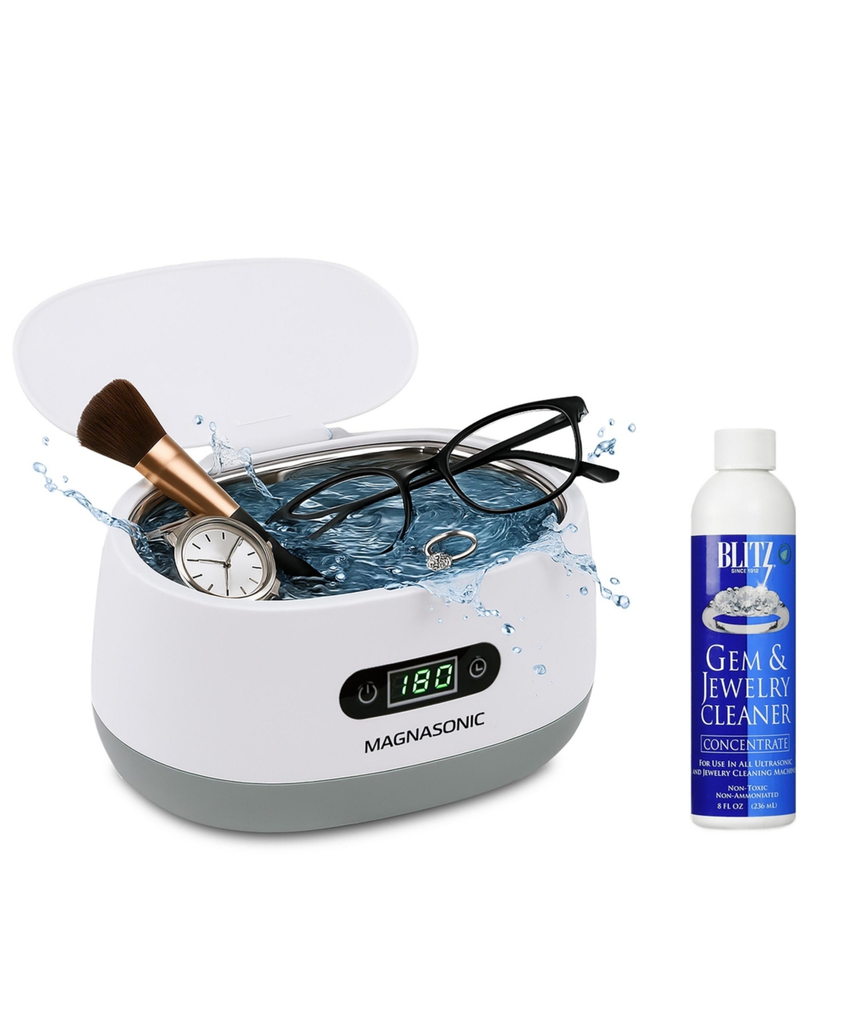Ultrasonic Cleaner - 20oz Tank Ultrasonic Retainer Cleaner w/ 8oz Gem & Jewelry Cleaner Concentrate Solution, Digital Timer, 5 Cleaning Mod