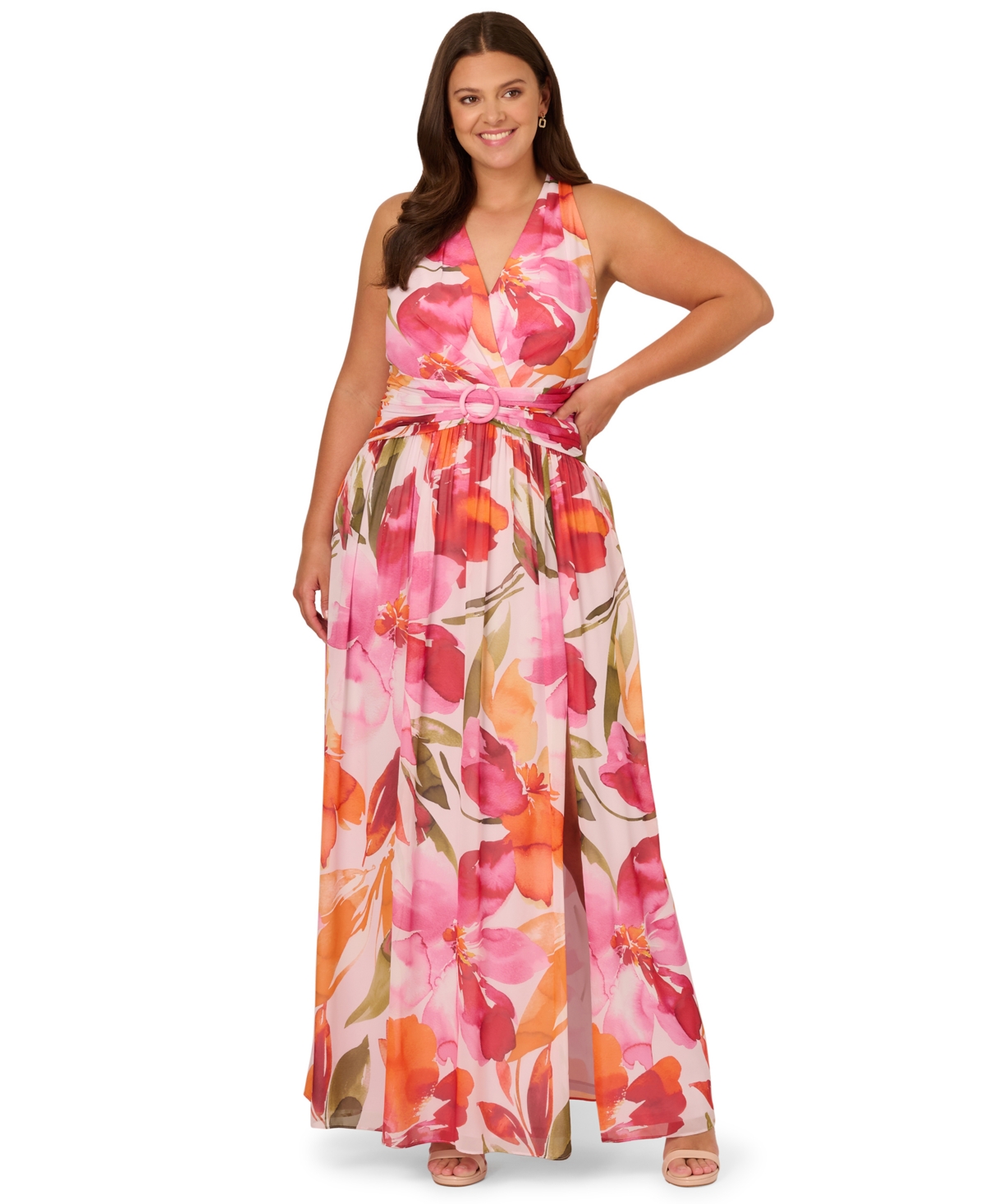 Plus Size Floral Chiffon Halter Maxi Dress - Pink Orange