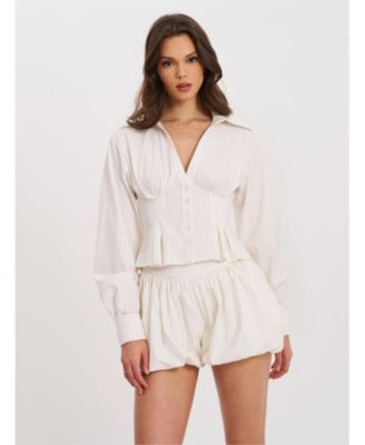 Women Sylvia White Pinstripe Deep V Pleated Shirt