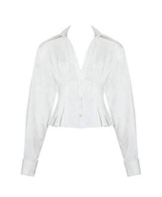 Women Sylvia White Pinstripe Deep V Pleated Shirt