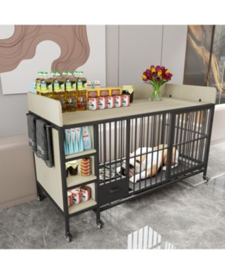 Large Pet Cage w/ Storage & Stainless Steel Bowls (Black/Beige)