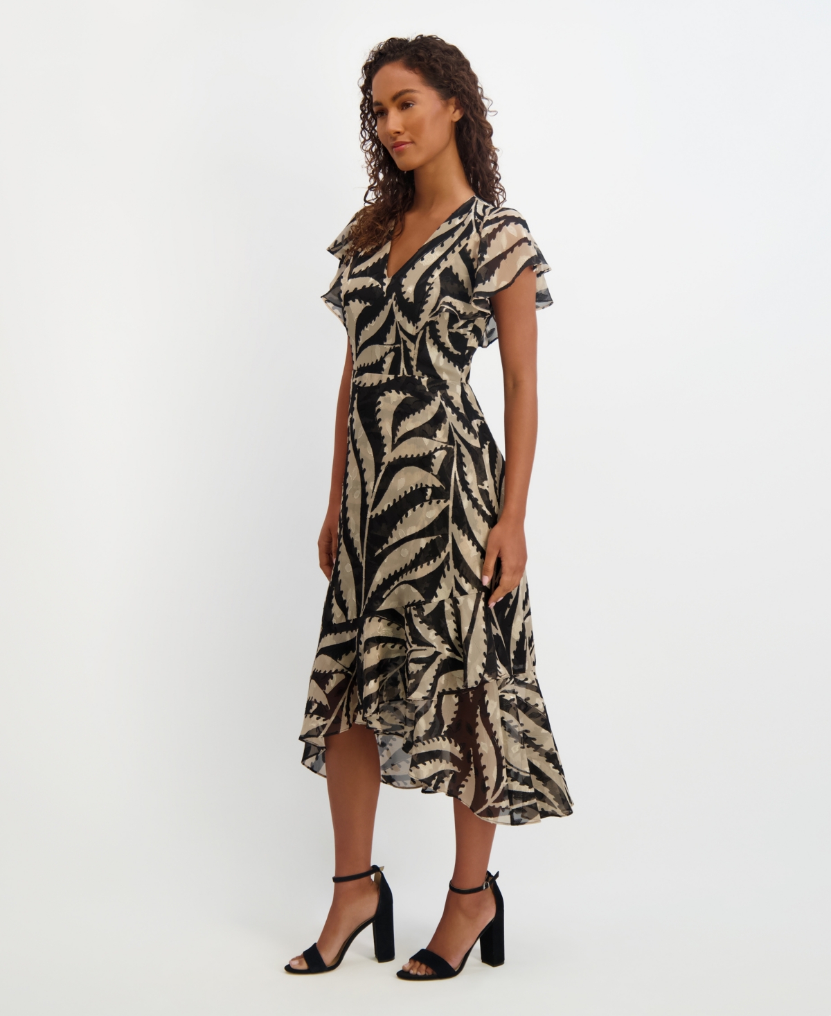 Women's Printed Burnout Chiffon A-Line Dress - Black/Bone
