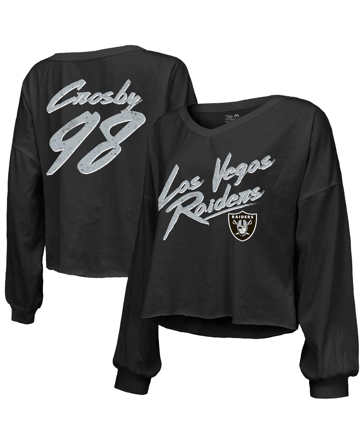 Women's Maxx Crosby Black Las Vegas Raiders Off-Shoulder Script Player Name Number Cropped Long Sleeve V-Neck T-Shirt - Black