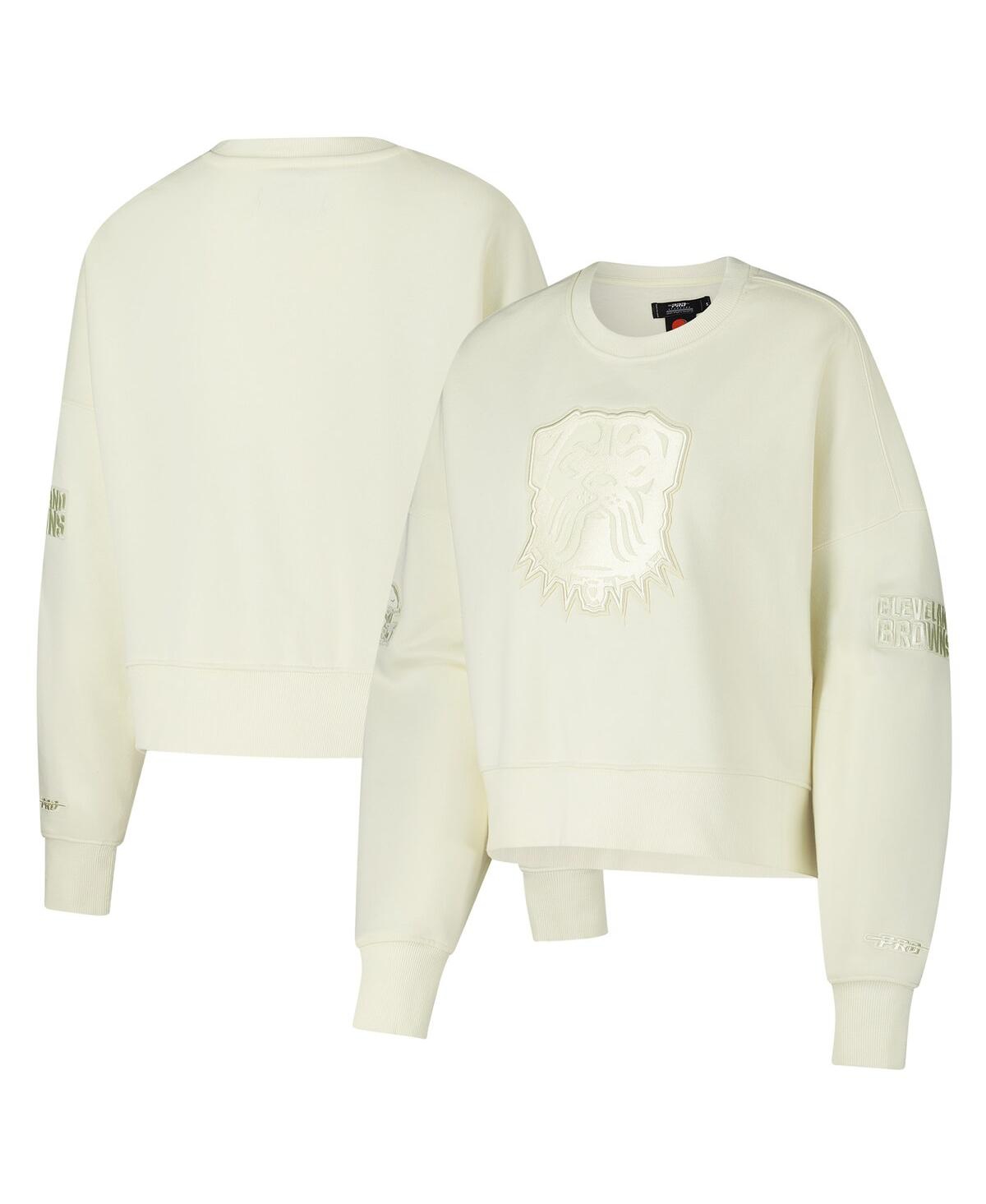 Women's Cream Cleveland Browns Triple Tonal Cropped Fleece Pullover Sweatshirt - Cream