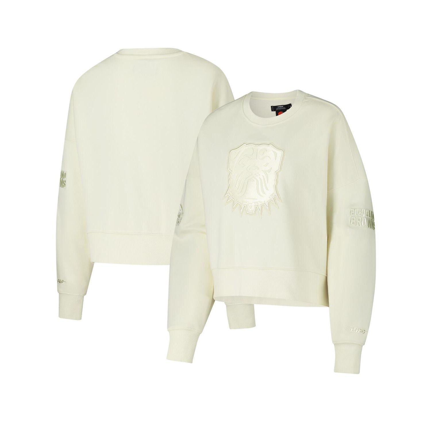 Women's Cream Cleveland Browns Triple Tonal Cropped Fleece Pullover Sweatshirt