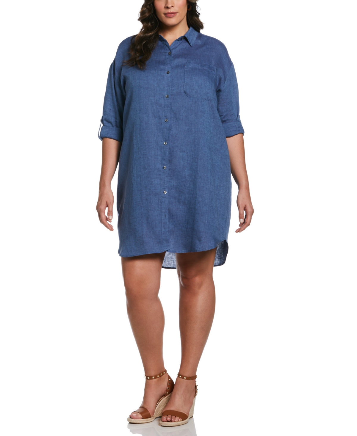 Plus Size Roll Sleeve Linen Shirt Dress - Delft