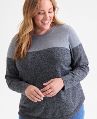Plus Size Cotton Color-Block Crewneck Sweater, Macy's Exclusive