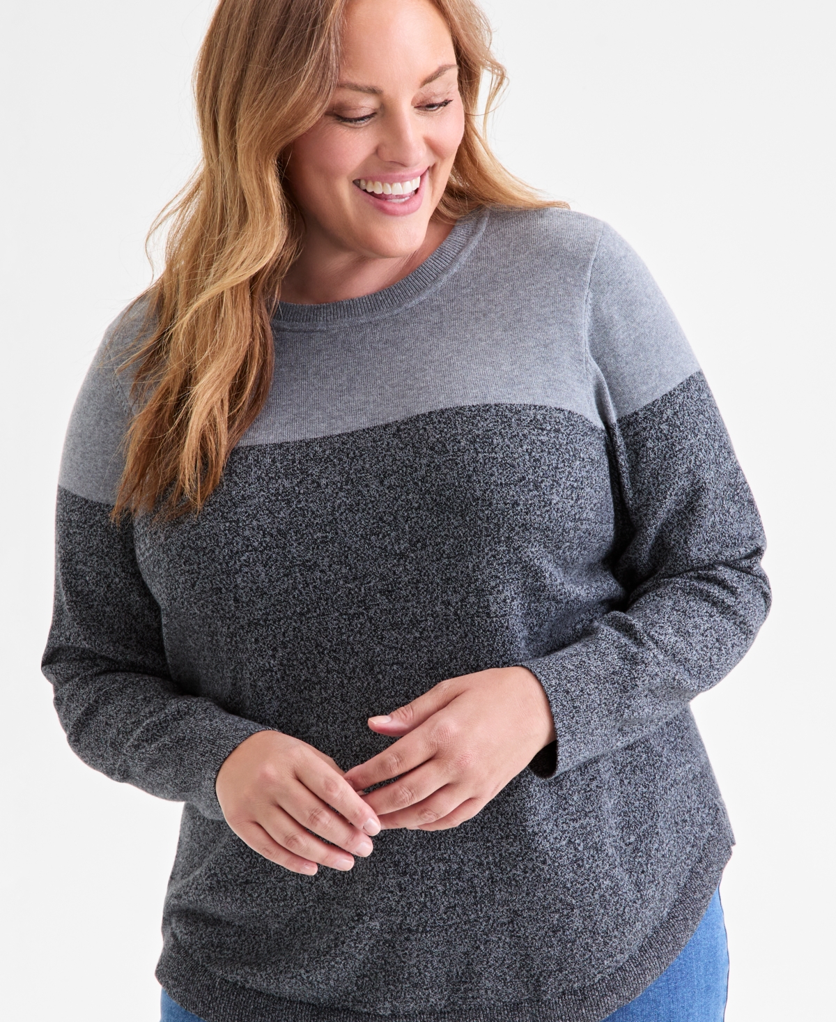Style & Co Plus Size Cotton Color-block Crewneck Sweater, Macy's Exclusive In Gray