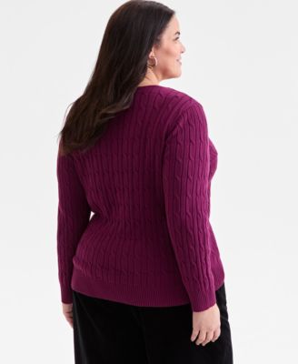 Plus Size Cotton Cable-Knit V-Neck Sweater