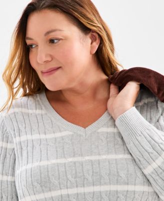 Plus Size Cotton  Cable-Knit V-Neck Stripe Sweater, Created for Macy's