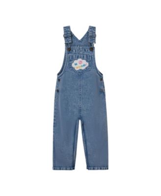Toddler Girls Denim Square Neck Vintage Wash Cosplay Overall, T-Shirt and Headband 3 Piece Outfit Set