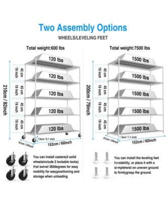 5 Tier 7500lbs Heavy Duty Adjustable Storage Rack Metal Shelf Wire Shelving Unit with Wheels & Shelf Liners - 82" H x 60" L x 24" D - White
