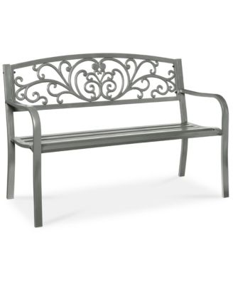 Outdoor Steel Bench Garden Patio Porch Furniture w/ Floral Design Backrest