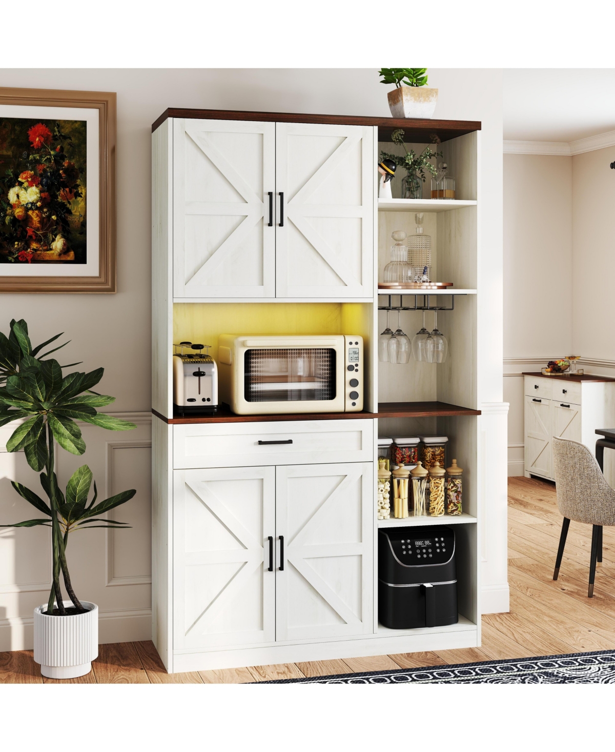 Casainc 71" Farmhouse Kitchen Pantry with Hutch, Microwave Stand, Drawer & Charging Station