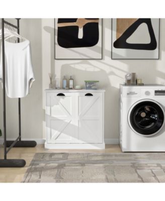 Tilt-Out Laundry Hamper Cabinet with Two Sorting Compartments and Top Shelf Organizer