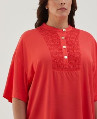 Plus Size Smocked Banded Collar Short Sleeve Top
