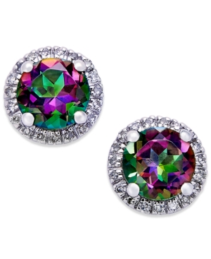 image of Mystic Topaz (1-3/4 ct. t.w.) and Diamond (1/6 ct. t.w.) Round Stud Earrings in 14k White Gold