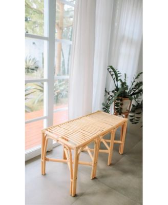 - Natural Rattan and Beige Fabric Bench Exotic Boho Upholstery Entry