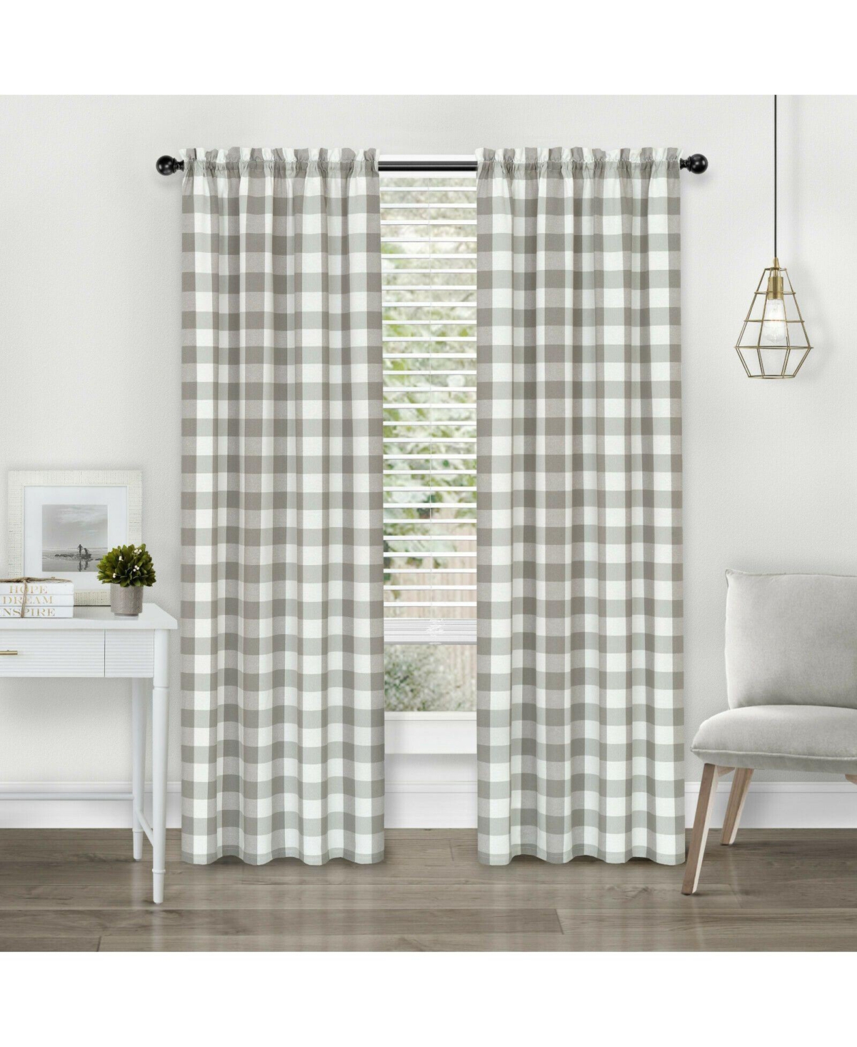 Modern Farmhouse 2 Piece Large Buffalo Plaid Check Rod Pocket Curtains - 63 in - Granny Apple Green - Gray