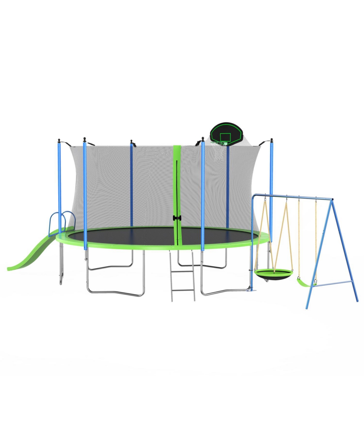 12FT Trampoline with Slide, Swings, Basketball Hoop & Net - Green