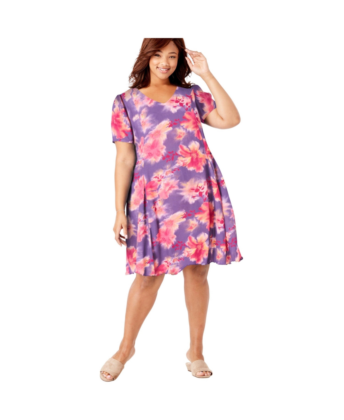 Plus Size Within Short Crinkle Dress - Plum purple patch floral