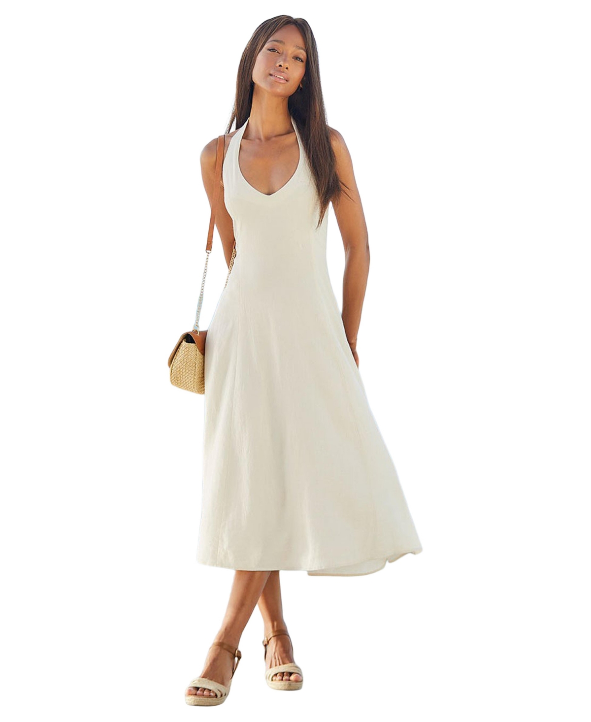 Women's Flowy Halter Neck Dress - Sand