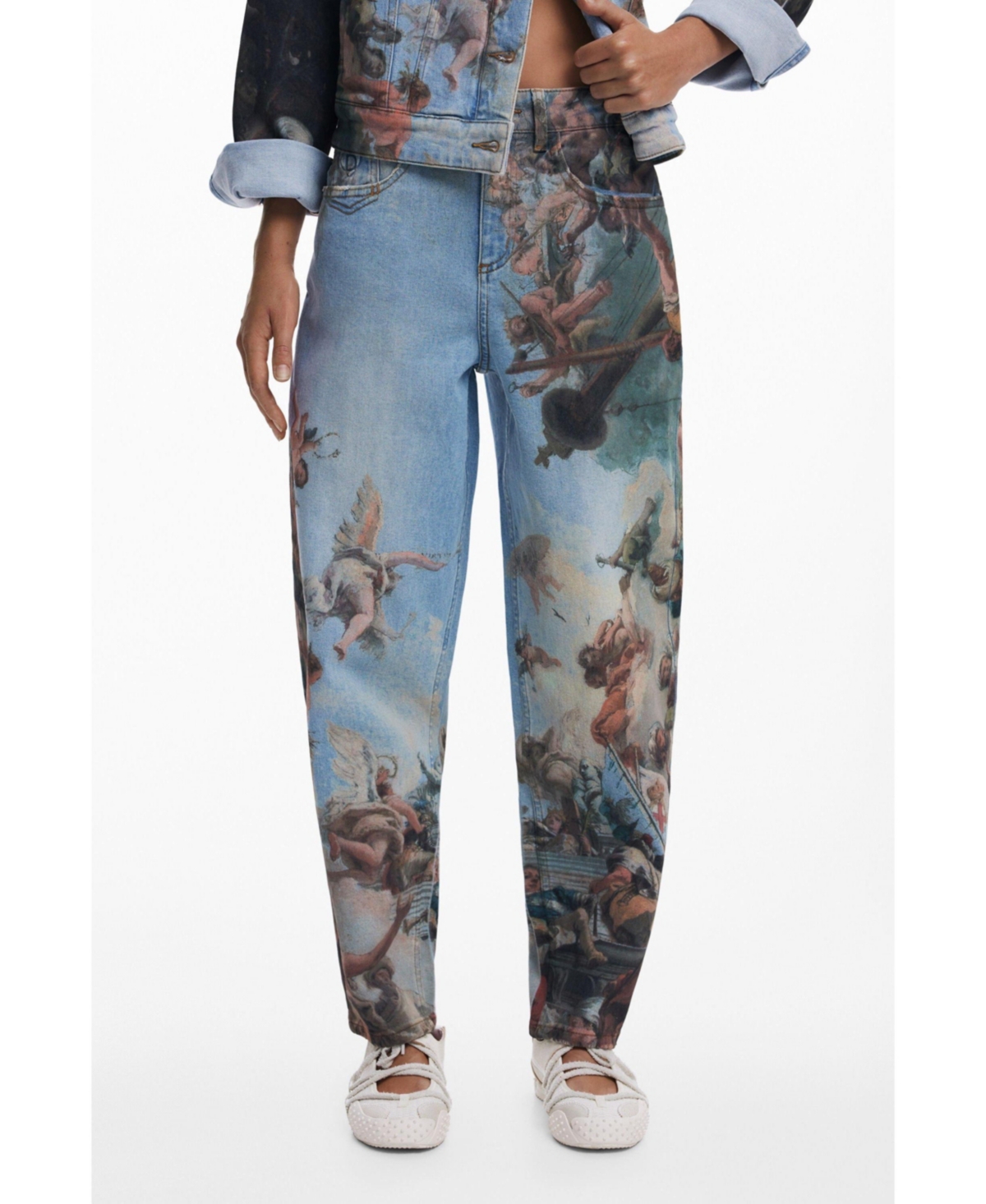 Desigual Printed Barrel Leg Jeans In Blue