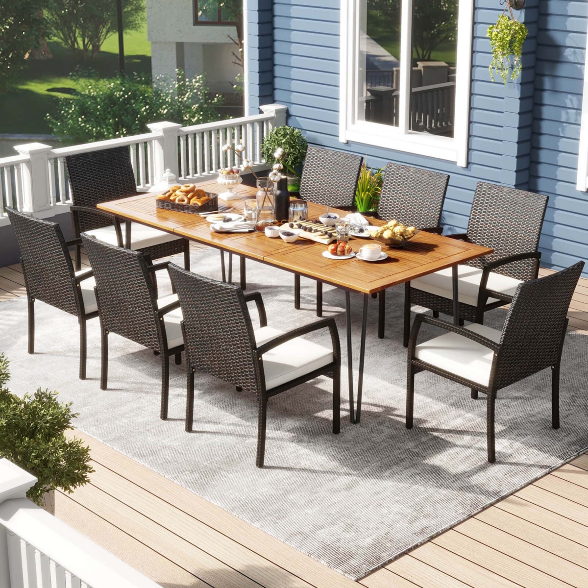 Costway 9 Pcs Outdoor Patio Dining Set Armchairs Set of 8 and Acacia Wood Square Table