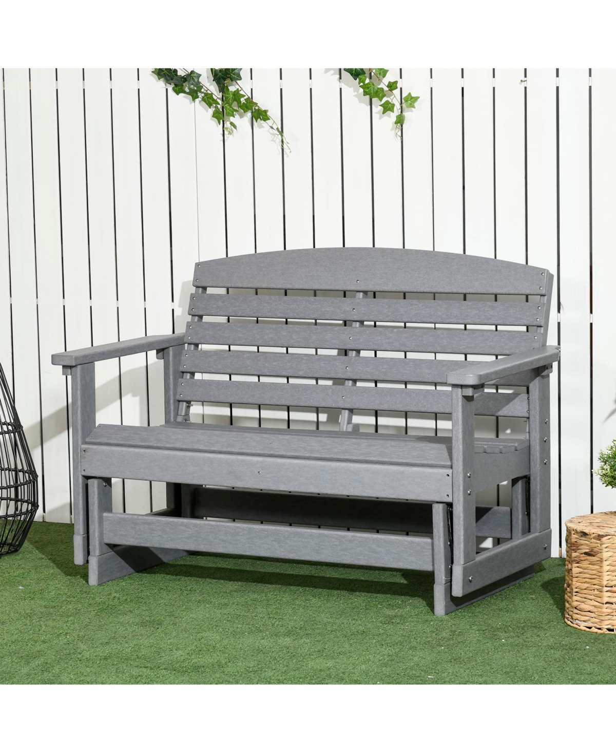 Flynama 2-Person Outdoor Glider Bench Patio Double Swing Rocking Chair Loveseat w/ Slatted Hdpe Frame for Backyard Garden Porch, Light Gray