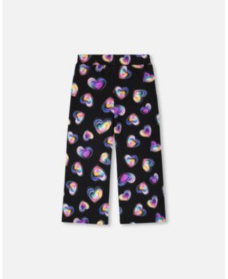 Girl Wide Leg Fleece Pants Black and Multicolor - Child