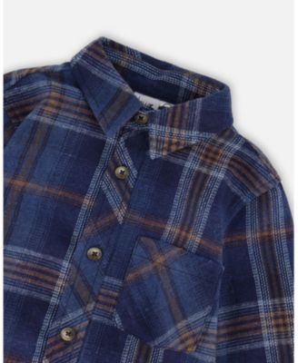 Big Boys Long Sleeve Flannel Shirt Blue and Brown Plaid