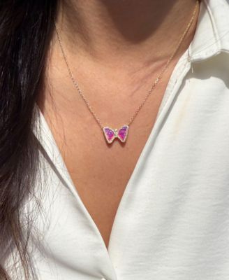 Mini Butterfly Necklace with Lab-Grown Opal in Plated Sterling