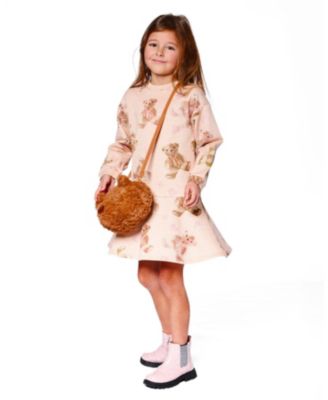 Girl Glittering French Terry Dress Beige Teddy Bear Print - Child
